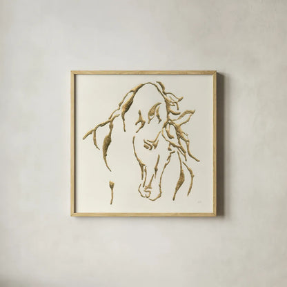 Gilded Stallion by Chris Paschke. Shown in a natural wood glass frame for a timeless modern aesthetic. Available as an archival giclee rolled canvas, fine art paper, or poster print. SKU 31777a.