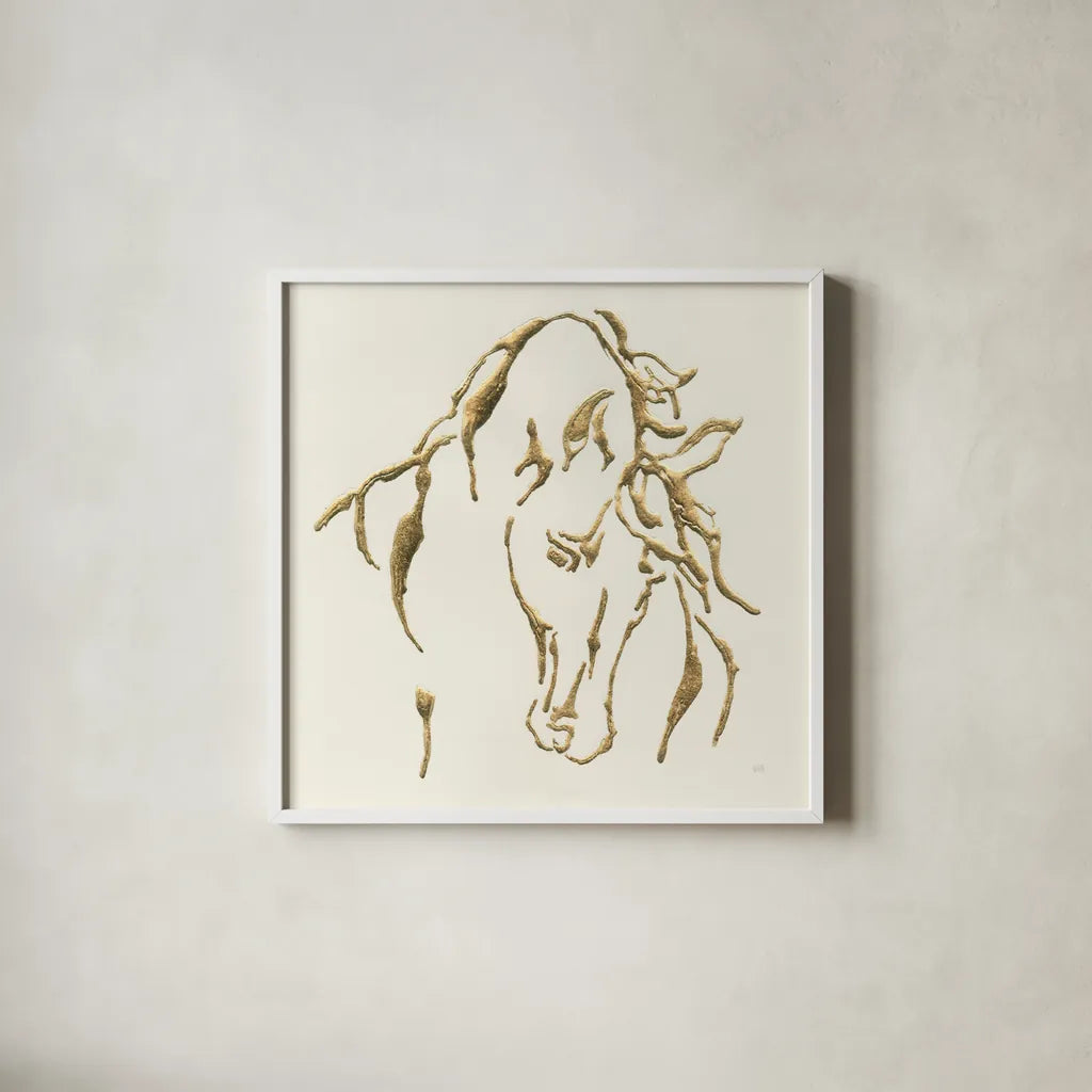 Gilded Stallion by Chris Paschke. Shown in a crisp white glass frame for a clean and minimalist style. Available as an archival giclee rolled canvas, fine art paper, or poster print. SKU 31777a.