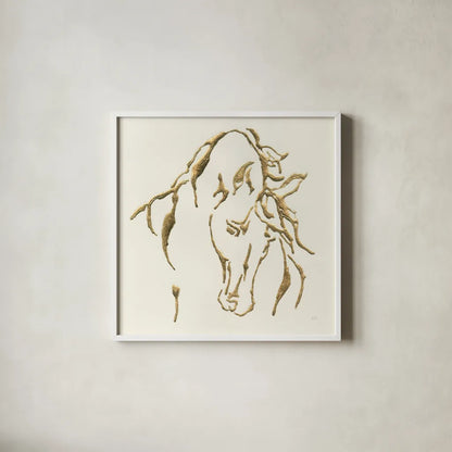 Gilded Stallion by Chris Paschke. Shown in a crisp white glass frame for a clean and minimalist style. Available as an archival giclee rolled canvas, fine art paper, or poster print. SKU 31777a.