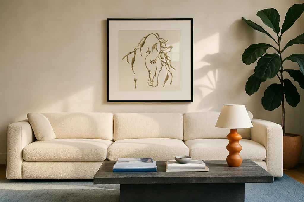 Gilded Stallion by Chris Paschke. Displayed in a glass frame with matte in a clean modern living room. Available as an archival giclee rolled canvas, fine art paper, or poster print. SKU 31777a.