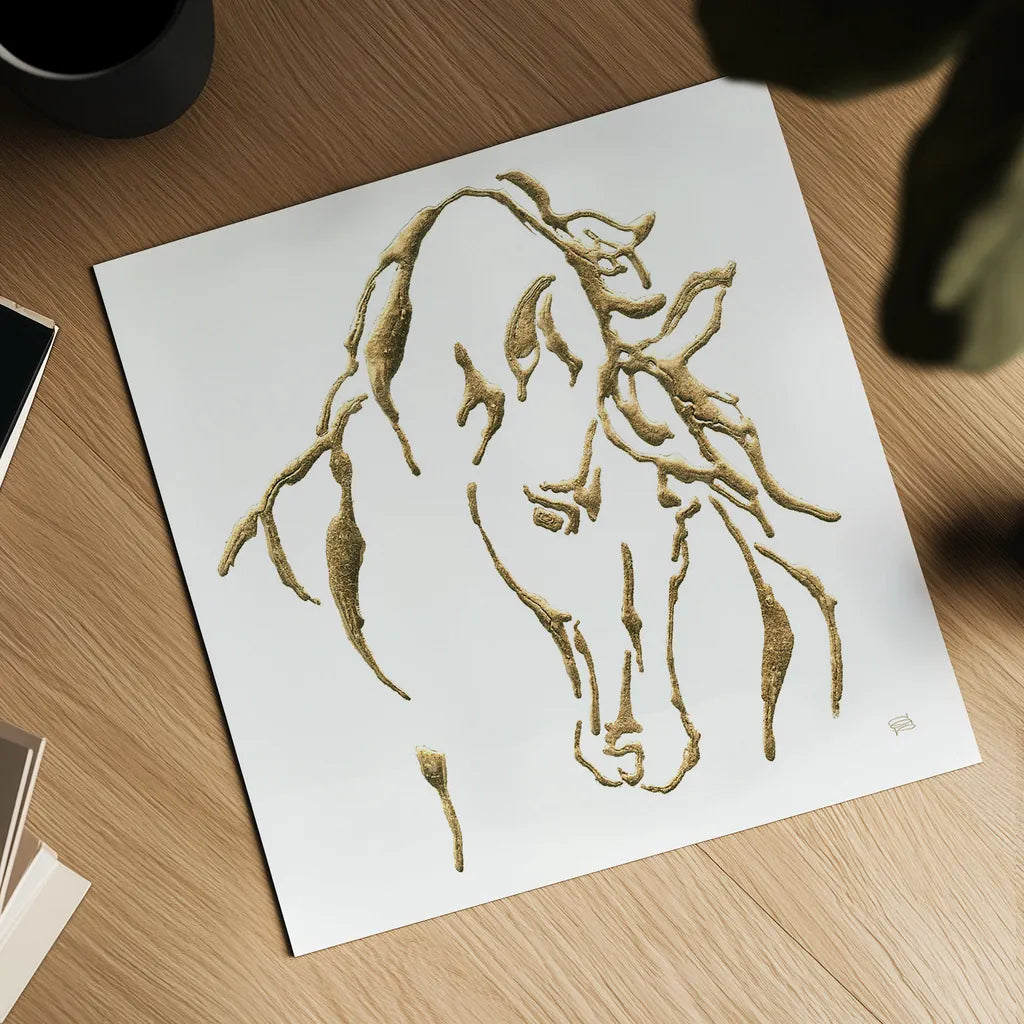 Gilded Stallion on White by Chris Paschke. Shown as a detailed flat fine art print, highlighting archival giclee quality. Available as an archival giclee rolled canvas, fine art paper, or poster print. SKU 32638a.
