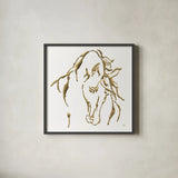 Gilded Stallion on White by Chris Paschke. Shown in a sleek black glass frame for a contemporary gallery look. Available as an archival giclee rolled canvas, fine art paper, or poster print. SKU 32638a.