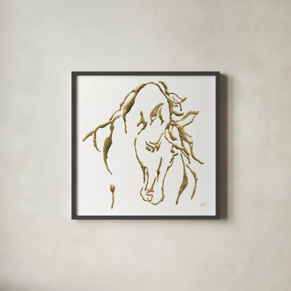 Gilded Stallion on White by Chris Paschke. Shown in a sleek black glass frame for a contemporary gallery look. Available as an archival giclee rolled canvas, fine art paper, or poster print. SKU 32638a.