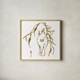 Gilded Stallion on White by Chris Paschke. Shown in a natural wood glass frame for a timeless modern aesthetic. Available as an archival giclee rolled canvas, fine art paper, or poster print. SKU 32638a.