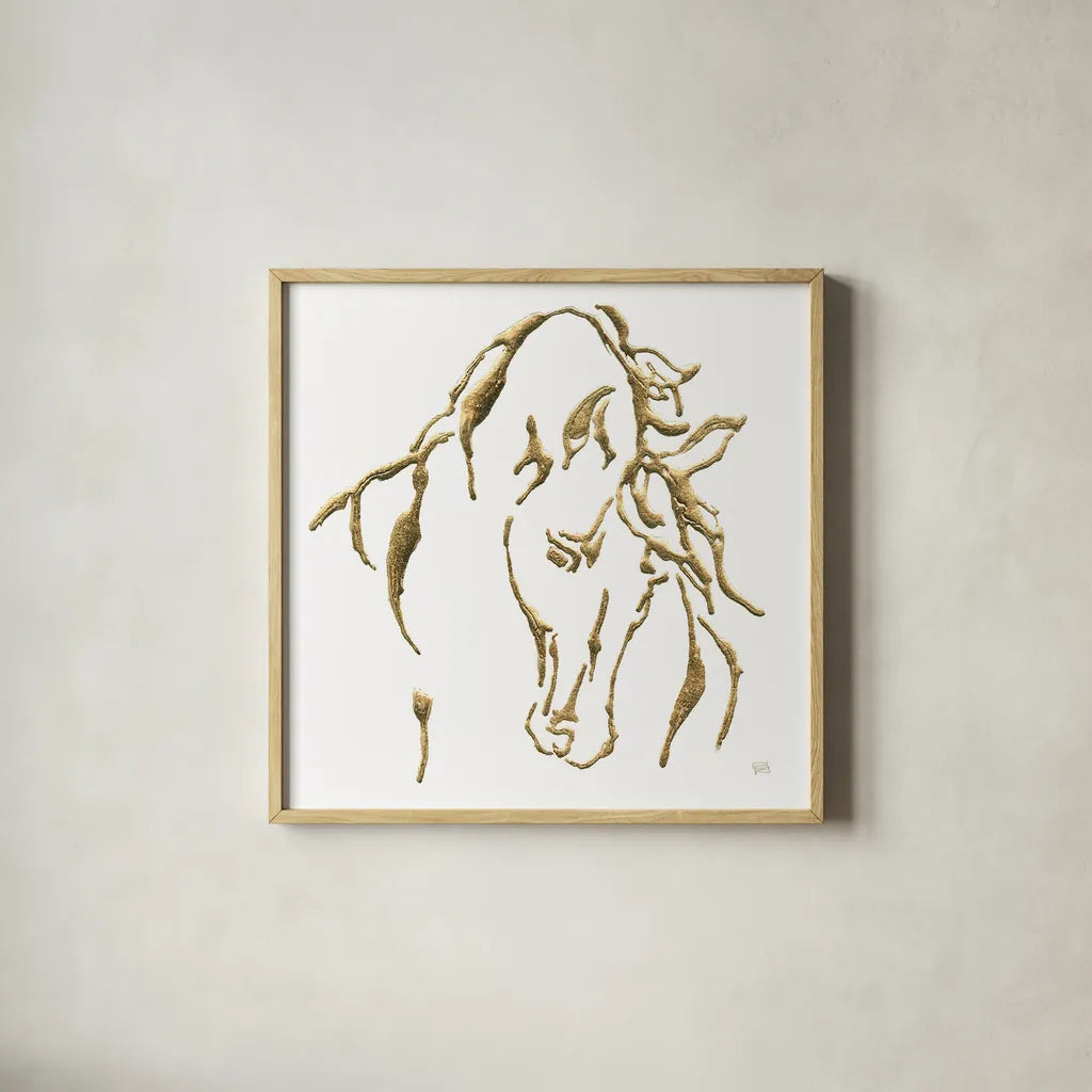 Gilded Stallion on White by Chris Paschke. Shown in a natural wood glass frame for a timeless modern aesthetic. Available as an archival giclee rolled canvas, fine art paper, or poster print. SKU 32638a.