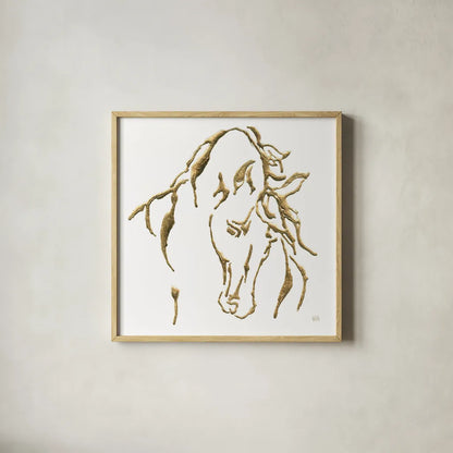 Gilded Stallion on White by Chris Paschke. Shown in a natural wood glass frame for a timeless modern aesthetic. Available as an archival giclee rolled canvas, fine art paper, or poster print. SKU 32638a.
