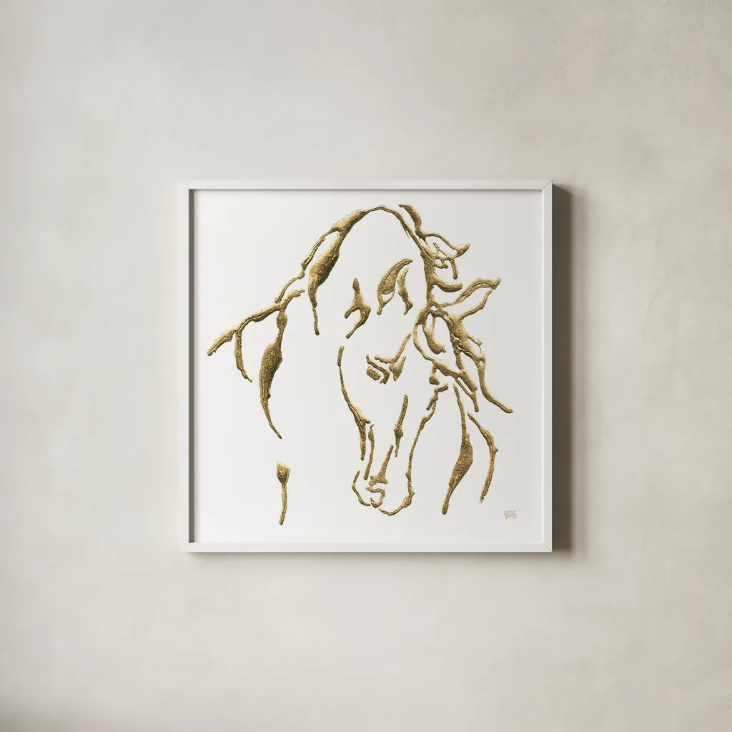 Gilded Stallion on White by Chris Paschke. Shown in a crisp white glass frame for a clean and minimalist style. Available as an archival giclee rolled canvas, fine art paper, or poster print. SKU 32638a.