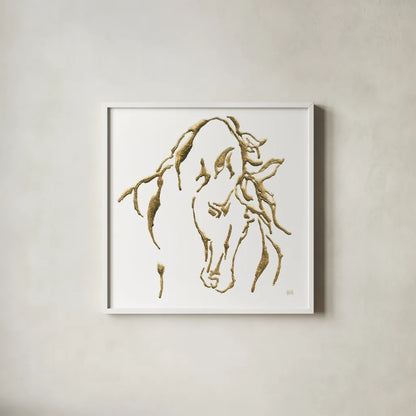Gilded Stallion on White by Chris Paschke. Shown in a crisp white glass frame for a clean and minimalist style. Available as an archival giclee rolled canvas, fine art paper, or poster print. SKU 32638a.