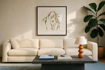 Gilded Stallion on White by Chris Paschke. Displayed in a glass frame with matte in a clean modern living room. Available as an archival giclee rolled canvas, fine art paper, or poster print. SKU 32638a.