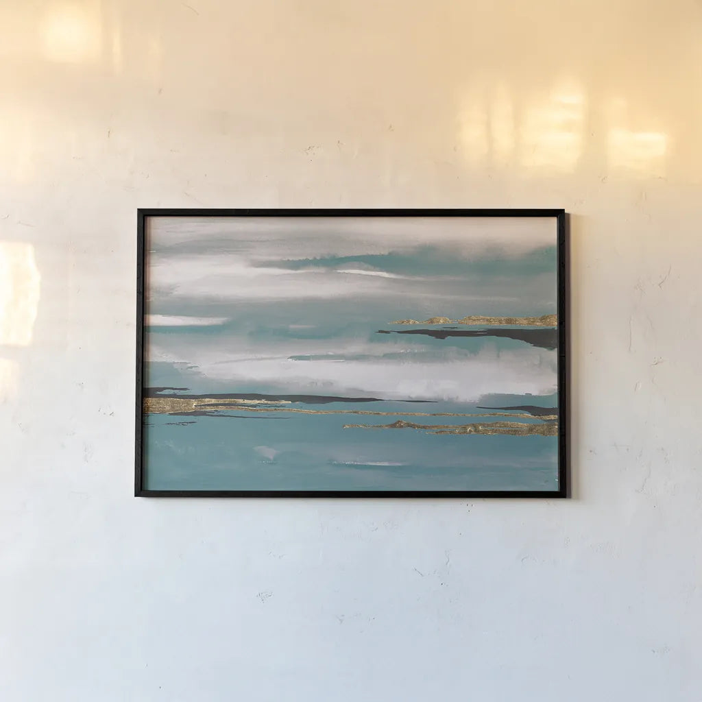 Gilded Storm I Teal Grey by Chris Paschke. shown as a paper print in a black flame. Available as a archival giclee rolled canvas, fine art paper, or poster print. SKU 27534i.