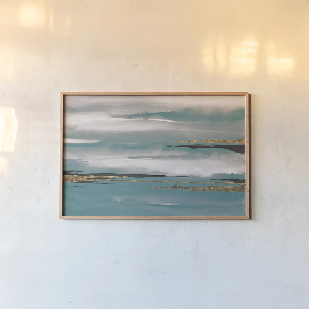 Gilded Storm I Teal Grey by Chris Paschke. shown as a paper print in a natural frame. Available as a archival giclee rolled canvas, fine art paper, or poster print. SKU 27534i.