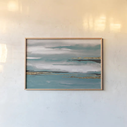 Gilded Storm I Teal Grey by Chris Paschke. shown as a paper print in a natural frame. Available as a archival giclee rolled canvas, fine art paper, or poster print. SKU 27534i.