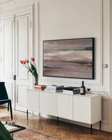 Gilded Storm III by Chris Paschke. shown as a framed stretched canvas in a living room above a console. Available as a archival giclee rolled canvas, fine art paper, or poster print. SKU 25733i.