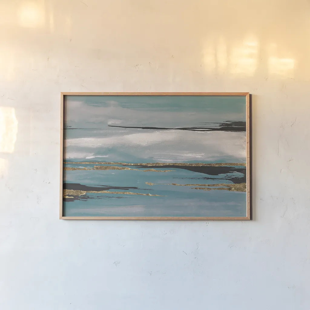 Gilded Storm III Teal Grey by Chris Paschke. shown as a paper print in a natural frame. Available as a archival giclee rolled canvas, fine art paper, or poster print. SKU 27535i.