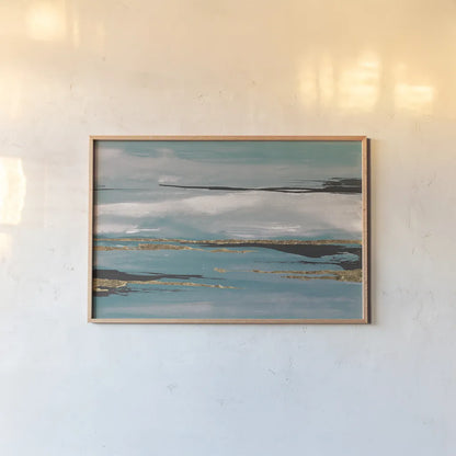 Gilded Storm III Teal Grey by Chris Paschke. shown as a paper print in a natural frame. Available as a archival giclee rolled canvas, fine art paper, or poster print. SKU 27535i.