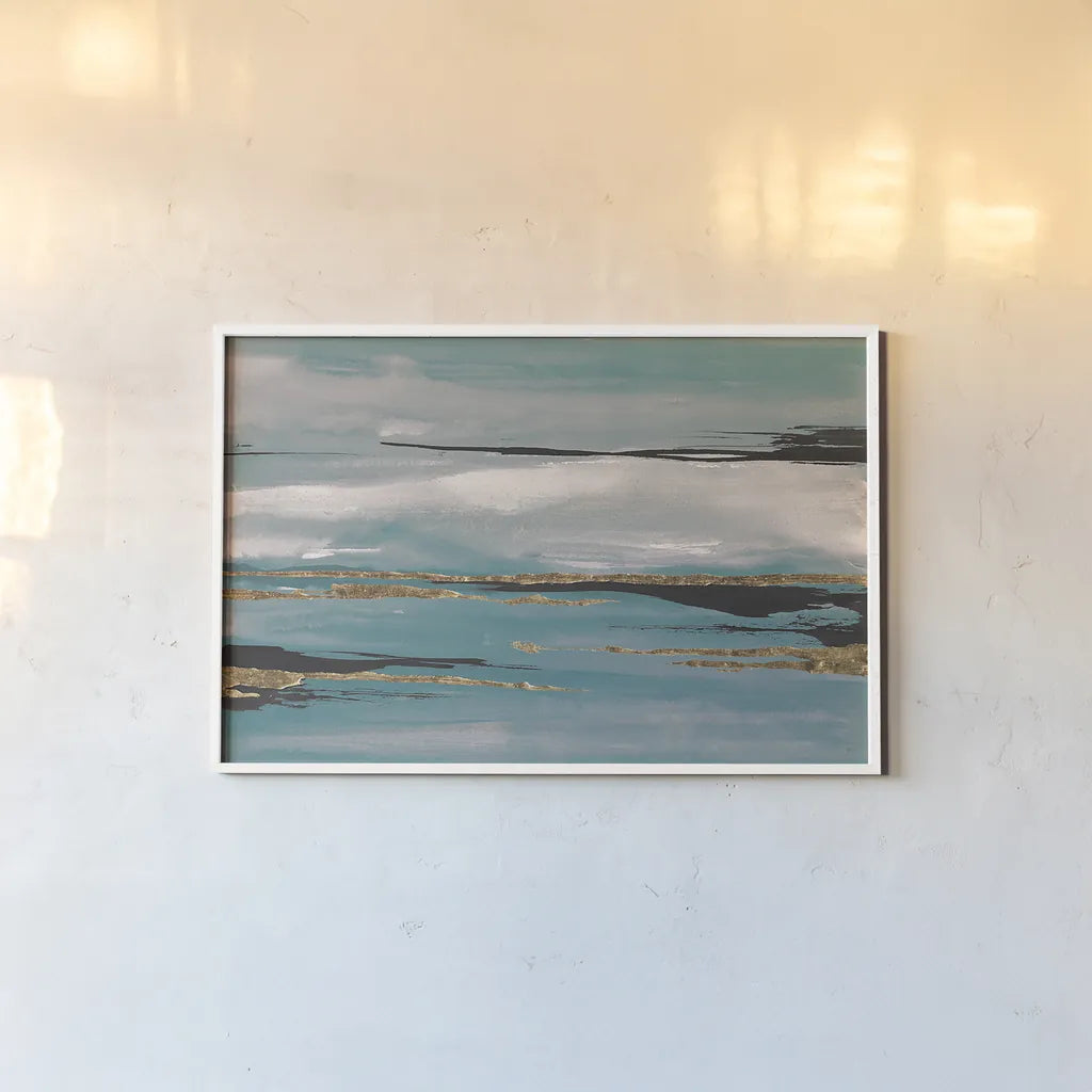 Gilded Storm III Teal Grey by Chris Paschke. shown as a paper print in a white frame. Available as a archival giclee rolled canvas, fine art paper, or poster print. SKU 27535i.