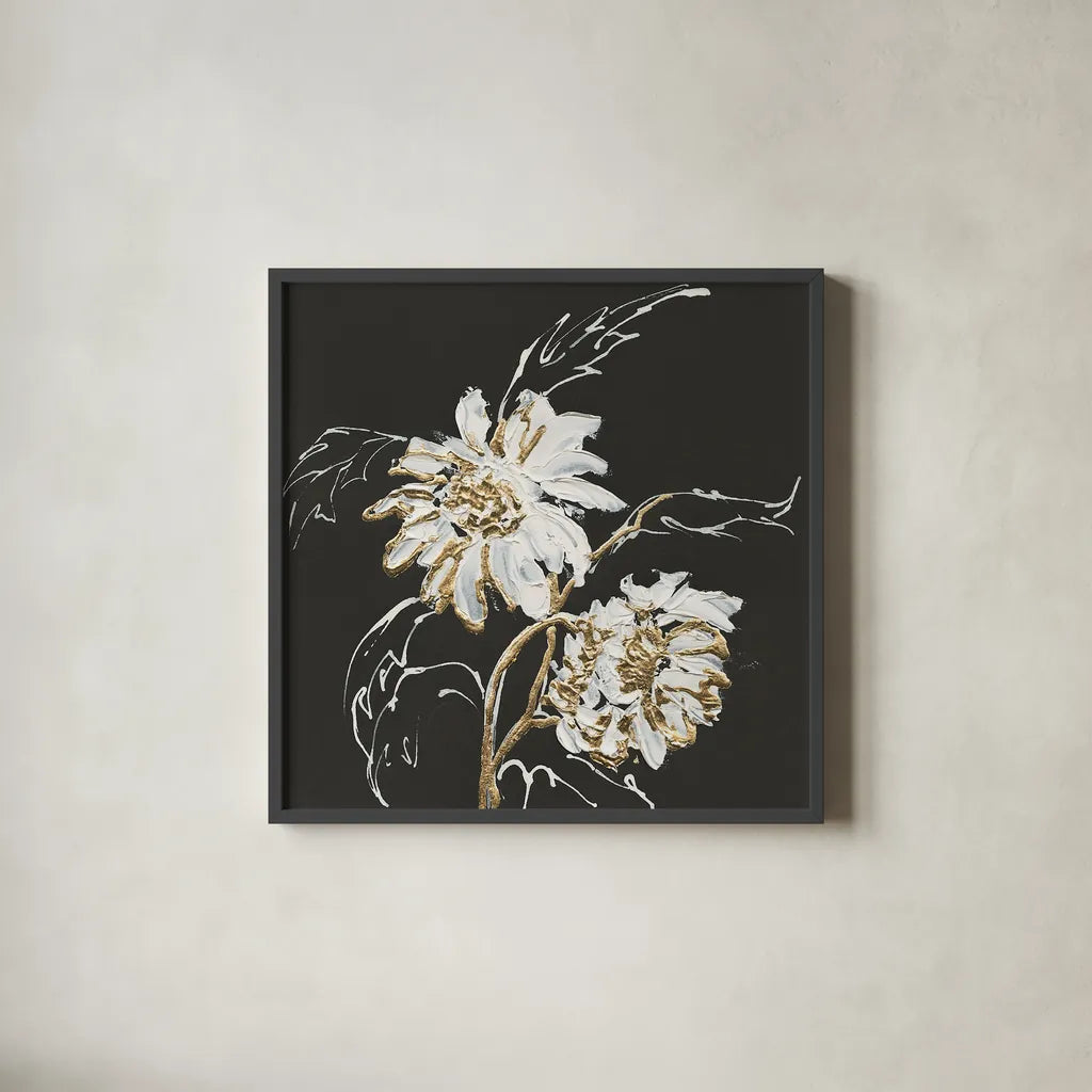 Gilded Sunflowers by Chris Paschke. Shown in a sleek black glass frame for a contemporary gallery look. Available as an archival giclee rolled canvas, fine art paper, or poster print. SKU 26158a.