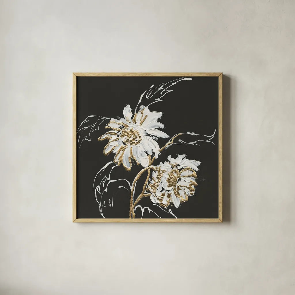 Gilded Sunflowers by Chris Paschke. Shown in a natural wood glass frame for a timeless modern aesthetic. Available as an archival giclee rolled canvas, fine art paper, or poster print. SKU 26158a.