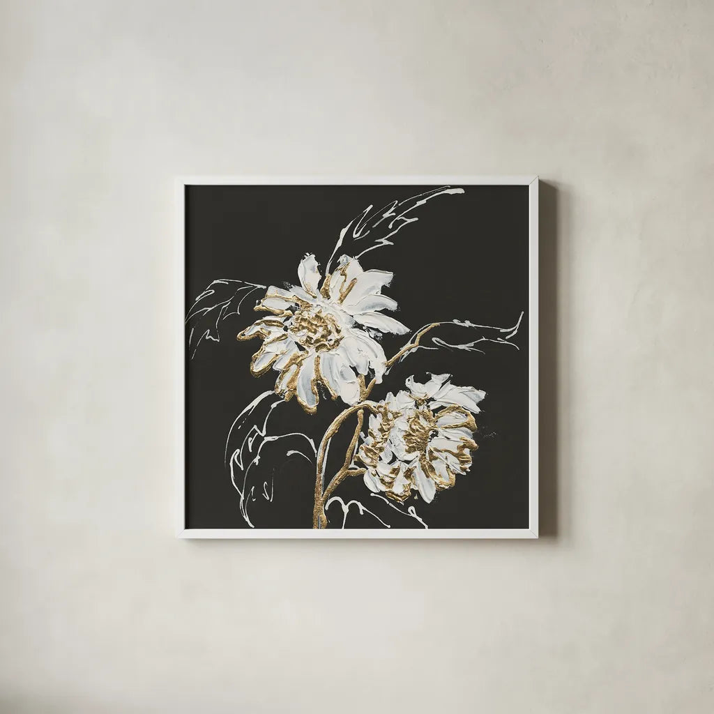 Gilded Sunflowers by Chris Paschke. Shown in a crisp white glass frame for a clean and minimalist style. Available as an archival giclee rolled canvas, fine art paper, or poster print. SKU 26158a.