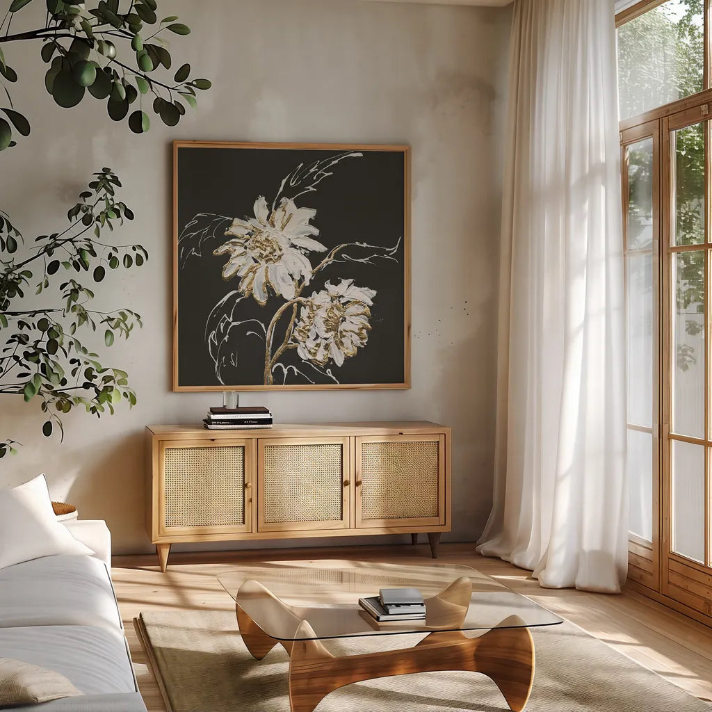 Gilded Sunflowers by Chris Paschke. Shown in a natural wood frame in a cozy modern living room. Available as an archival giclee rolled canvas, fine art paper, or poster print. SKU 26158a.