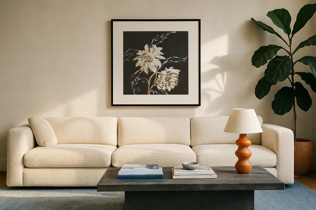 Gilded Sunflowers by Chris Paschke. Displayed in a glass frame with matte in a clean modern living room. Available as an archival giclee rolled canvas, fine art paper, or poster print. SKU 26158a.