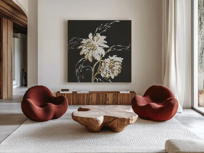 Gilded Sunflowers by Chris Paschke. Shown as extra-large giant wall art in a modern living room. Available as an archival giclee rolled canvas, fine art paper, or poster print. SKU 26158a.