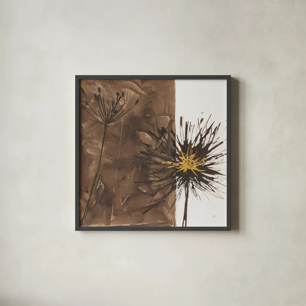 Gilded Thistle I by Chris Paschke. Shown in a sleek black glass frame for a contemporary gallery look. Available as an archival giclee rolled canvas, fine art paper, or poster print. SKU 96185a.