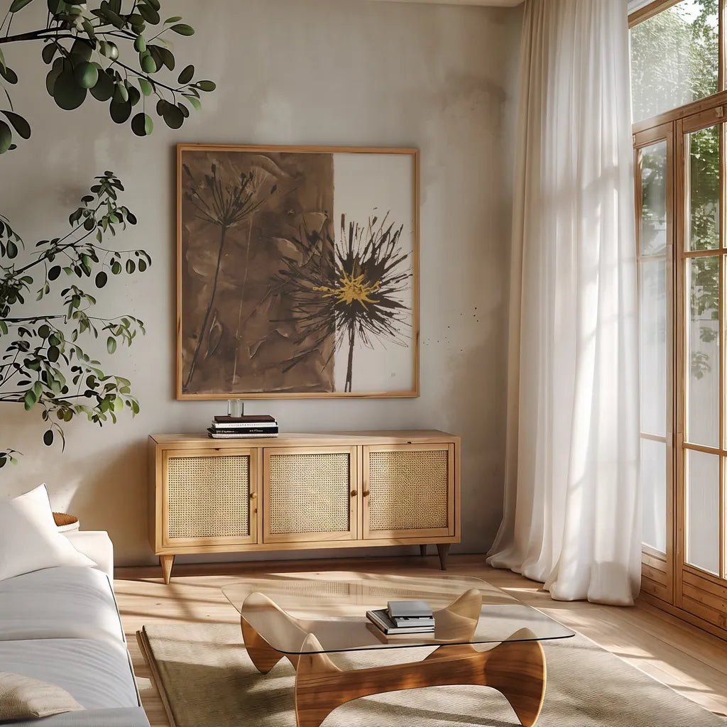 Gilded Thistle I by Chris Paschke. Shown in a natural wood frame in a cozy modern living room. Available as an archival giclee rolled canvas, fine art paper, or poster print. SKU 96185a.