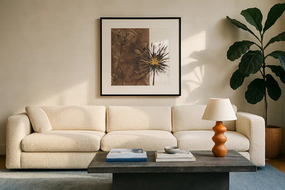 Gilded Thistle I by Chris Paschke. Displayed in a glass frame with matte in a clean modern living room. Available as an archival giclee rolled canvas, fine art paper, or poster print. SKU 96185a.