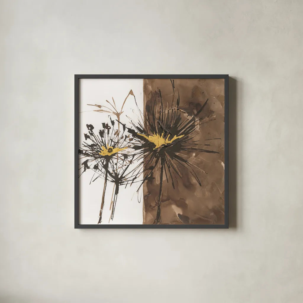 Gilded Thistle II by Chris Paschke. Shown in a sleek black glass frame for a contemporary gallery look. Available as an archival giclee rolled canvas, fine art paper, or poster print. SKU 96186a.