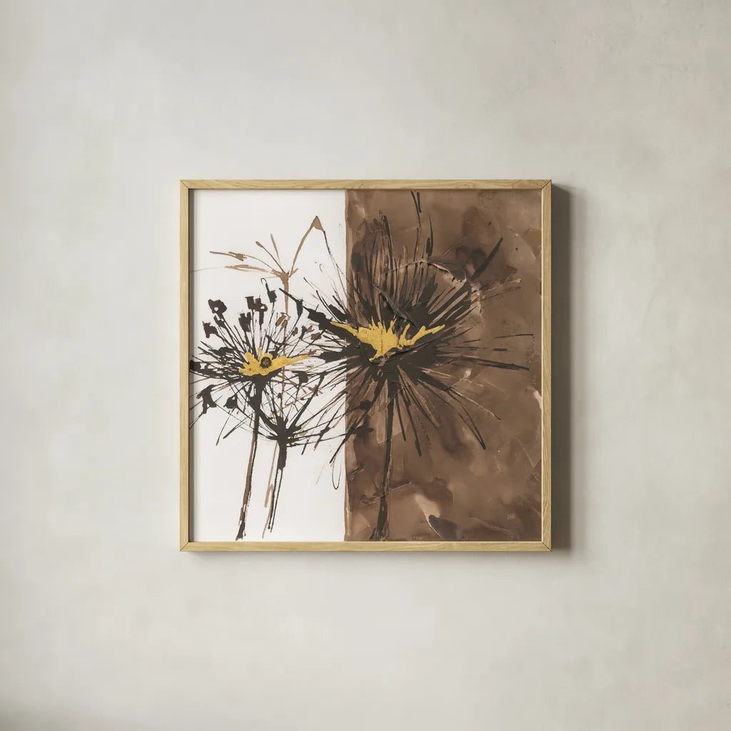 Gilded Thistle II by Chris Paschke. Shown in a natural wood glass frame for a timeless modern aesthetic. Available as an archival giclee rolled canvas, fine art paper, or poster print. SKU 96186a.