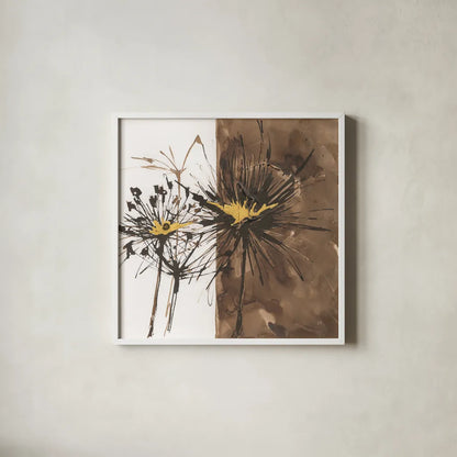 Gilded Thistle II by Chris Paschke. Shown in a crisp white glass frame for a clean and minimalist style. Available as an archival giclee rolled canvas, fine art paper, or poster print. SKU 96186a.