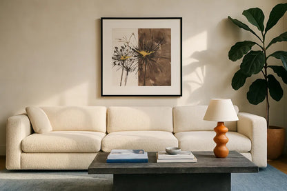 Gilded Thistle II by Chris Paschke. Displayed in a glass frame with matte in a clean modern living room. Available as an archival giclee rolled canvas, fine art paper, or poster print. SKU 96186a.