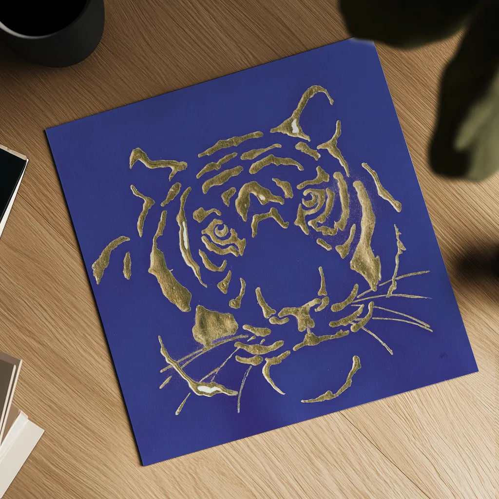 Gilded Tiger Indigo by Chris Paschke. Shown as a detailed flat fine art print, highlighting archival giclee quality. Available as an archival giclee rolled canvas, fine art paper, or poster print. SKU 41919a.