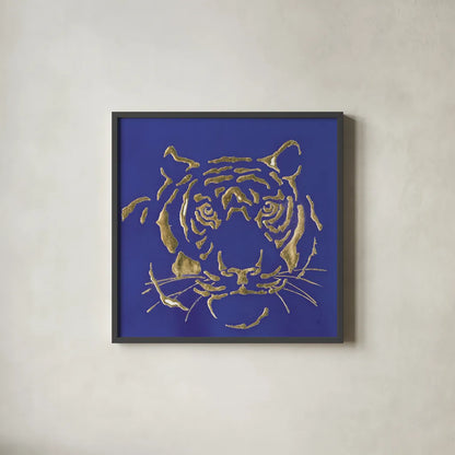 Gilded Tiger Indigo by Chris Paschke. Shown in a sleek black glass frame for a contemporary gallery look. Available as an archival giclee rolled canvas, fine art paper, or poster print. SKU 41919a.