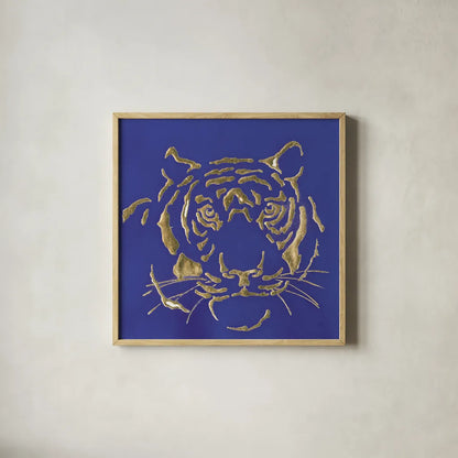 Gilded Tiger Indigo by Chris Paschke. Shown in a natural wood glass frame for a timeless modern aesthetic. Available as an archival giclee rolled canvas, fine art paper, or poster print. SKU 41919a.