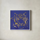 Gilded Tiger Indigo by Chris Paschke. Shown in a crisp white glass frame for a clean and minimalist style. Available as an archival giclee rolled canvas, fine art paper, or poster print. SKU 41919a.