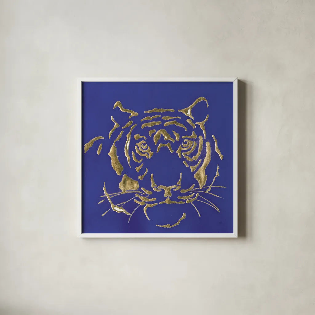 Gilded Tiger Indigo by Chris Paschke. Shown in a crisp white glass frame for a clean and minimalist style. Available as an archival giclee rolled canvas, fine art paper, or poster print. SKU 41919a.
