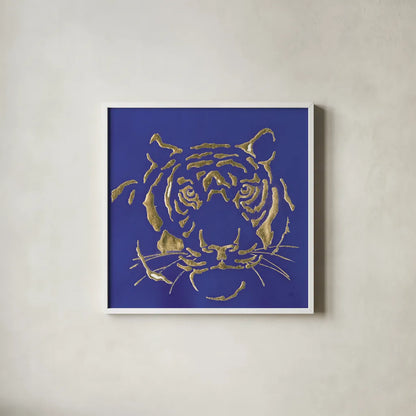 Gilded Tiger Indigo by Chris Paschke. Shown in a crisp white glass frame for a clean and minimalist style. Available as an archival giclee rolled canvas, fine art paper, or poster print. SKU 41919a.