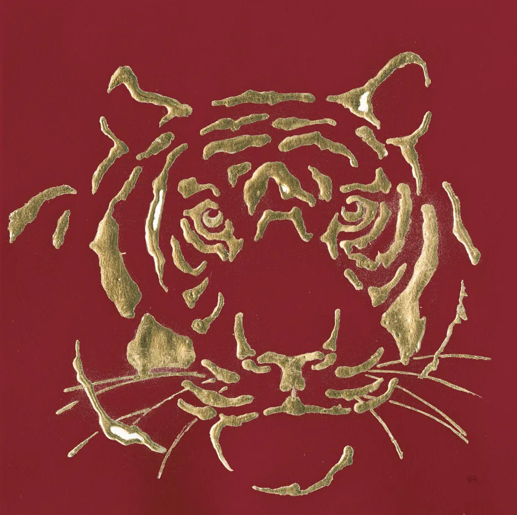 Gilded Tiger on Red by Chris Paschke. SKU 41924a. Archival Giclee Fine art print for wall decor.