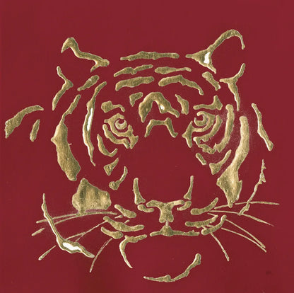Gilded Tiger on Red by Chris Paschke. SKU 41924a. Archival Giclee Fine art print for wall decor.