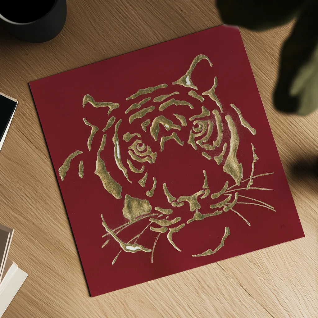 Gilded Tiger on Red by Chris Paschke. Shown as a detailed flat fine art print, highlighting archival giclee quality. Available as an archival giclee rolled canvas, fine art paper, or poster print. SKU 41924a.