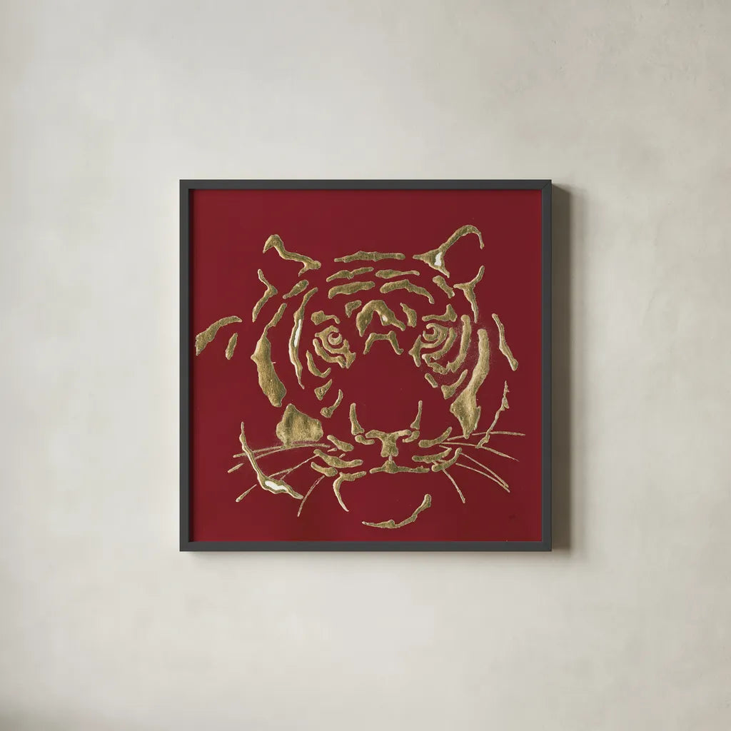 Gilded Tiger on Red by Chris Paschke. Shown in a sleek black glass frame for a contemporary gallery look. Available as an archival giclee rolled canvas, fine art paper, or poster print. SKU 41924a.