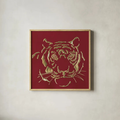 Gilded Tiger on Red by Chris Paschke. Shown in a natural wood glass frame for a timeless modern aesthetic. Available as an archival giclee rolled canvas, fine art paper, or poster print. SKU 41924a.