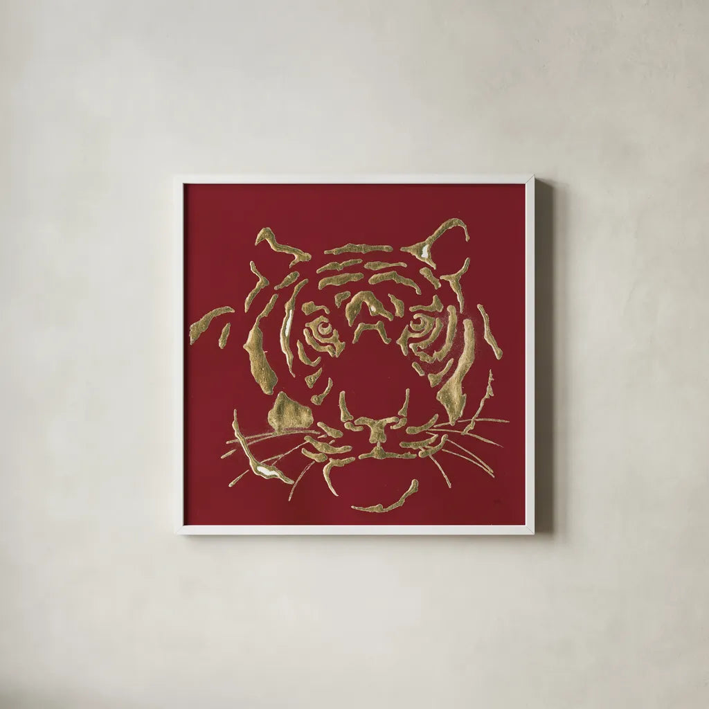 Gilded Tiger on Red by Chris Paschke. Shown in a crisp white glass frame for a clean and minimalist style. Available as an archival giclee rolled canvas, fine art paper, or poster print. SKU 41924a.