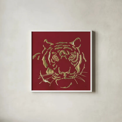 Gilded Tiger on Red by Chris Paschke. Shown in a crisp white glass frame for a clean and minimalist style. Available as an archival giclee rolled canvas, fine art paper, or poster print. SKU 41924a.