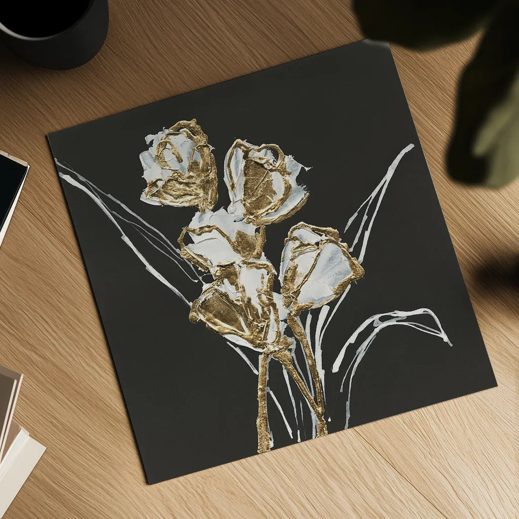 Gilded Tulips by Chris Paschke. Shown as a detailed flat fine art print, highlighting archival giclee quality. Available as an archival giclee rolled canvas, fine art paper, or poster print. SKU 26159a.