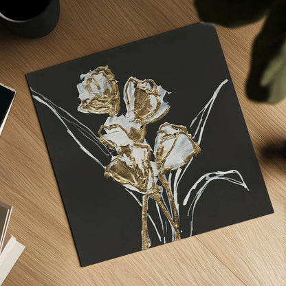 Gilded Tulips by Chris Paschke. Shown as a detailed flat fine art print, highlighting archival giclee quality. Available as an archival giclee rolled canvas, fine art paper, or poster print. SKU 26159a.