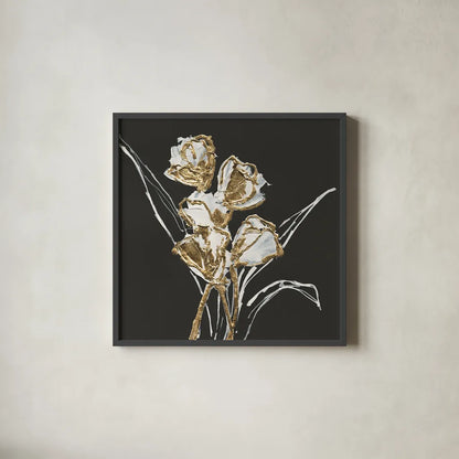 Gilded Tulips by Chris Paschke. Shown in a sleek black glass frame for a contemporary gallery look. Available as an archival giclee rolled canvas, fine art paper, or poster print. SKU 26159a.