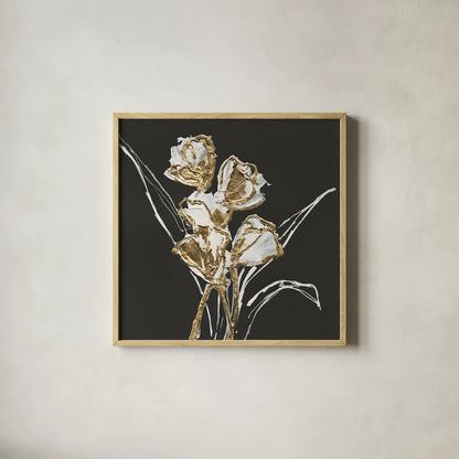 Gilded Tulips by Chris Paschke. Shown in a natural wood glass frame for a timeless modern aesthetic. Available as an archival giclee rolled canvas, fine art paper, or poster print. SKU 26159a.